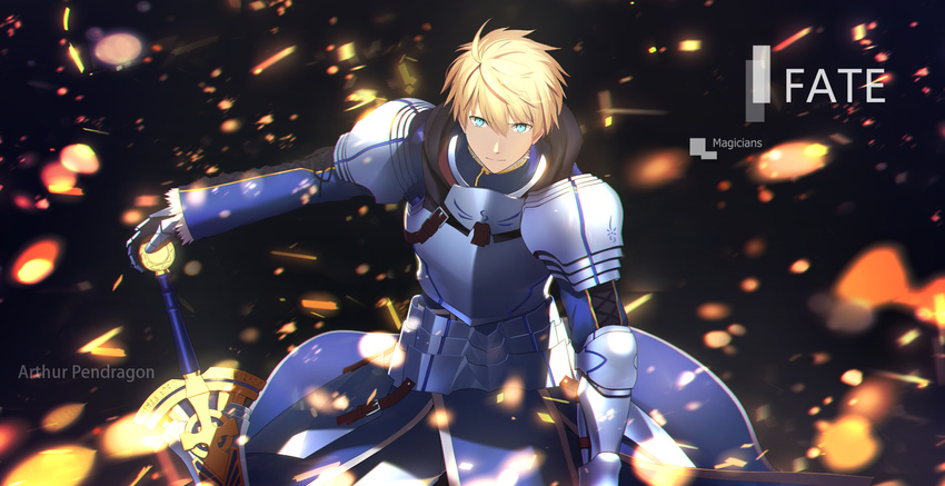 ahoge armor arthur_pendragon_(fate) artist_name black_background blonde_hair blue_eyes breastplate character_name closed_mouth excalibur_(fate/prototype) fate/grand_order fate/prototype fate_(series) gauntlets green_eyes hair_between_eyes highres holding holding_sword holding_weapon hood long_sleeves looking_at_viewer magicians_(zhkahogigzkh) male_focus pauldrons serious simple_background solo sparks spiked_hair standing sword upper_body weapon
