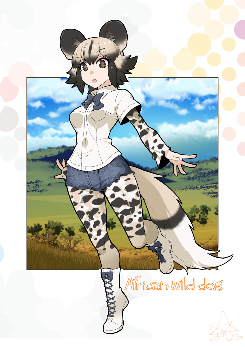 african_wild_dog_(kemono_friends) african_wild_dog_print animal_ears bangs black_eyes black_hair blue_bow blue_neckwear blue_shorts boots bow bowtie breasts character_name collared_shirt commentary_request cross-laced_footwear cutoffs denim denim_shorts dog_ears dog_tail eyebrows eyebrows_visible_through_hair full_body hair_between_eyes highres kemono_friends lace-up_boots leg_up light_brown_hair long_sleeves multicolored multicolored_clothes multicolored_hair multicolored_legwear open_mouth pantyhose pantyhose_under_shorts pocket savannah shirt short_hair short_over_long_sleeves short_sleeves shorts small_breasts solo standing standing_on_one_leg tail torn_clothes torn_shorts two-tone_hair umigarasu_(kitsune1963) white_footwear white_shirt