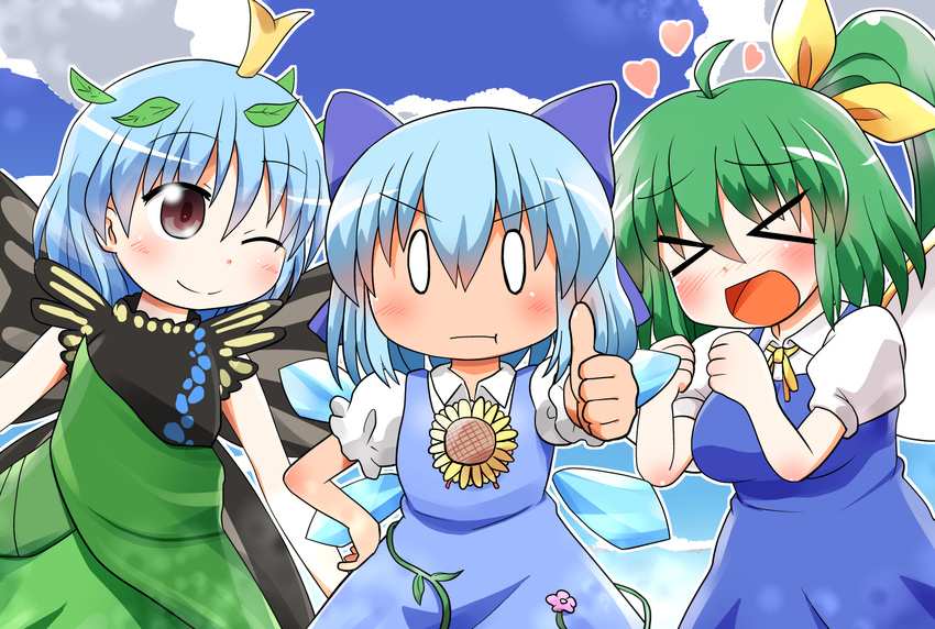&gt;_&lt; :d :t ;) antennae blue_bow blue_dress blue_hair blue_sky blush bow brown_eyes butterfly_wings cirno cloud commentary daiyousei day dress eternity_larva facing_viewer fairy_wings flower green_dress green_hair hair_bow hair_ribbon heart ice ice_wings leaf leaf_on_head looking_at_viewer multiple_girls one_eye_closed open_mouth plant pout puffy_short_sleeves puffy_sleeves ribbon rokugou_daisuke short_hair short_sleeves side_ponytail sky smile sunflower tan tanned_cirno touhou vines wings xd yellow_ribbon