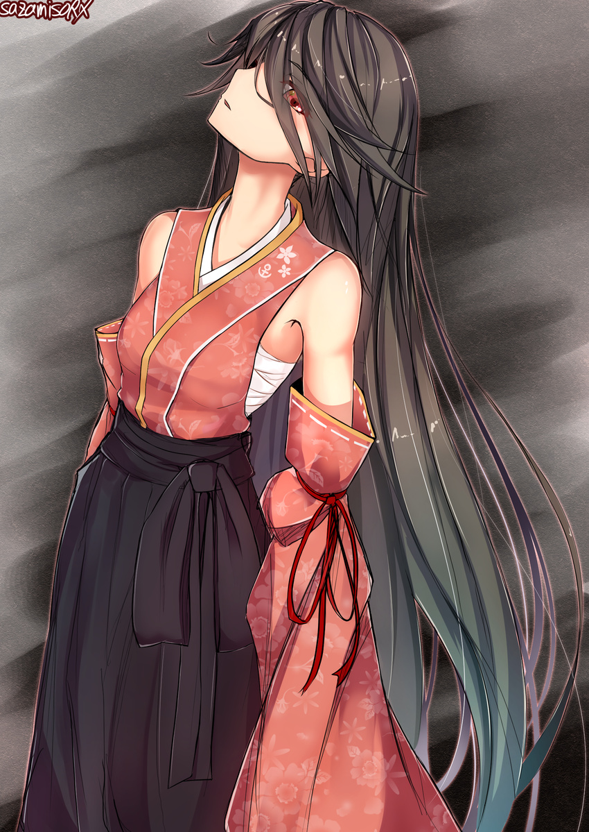 absurdres adapted_costume alternate_eye_color artist_name bare_shoulders black_hair black_hakama detached_sleeves eyebrows_visible_through_hair eyes_visible_through_hair hakama highres houshou_(kantai_collection) japanese_clothes kantai_collection long_hair open_mouth red_eyes sarashi sazamiso_rx solo very_long_hair wide_sleeves