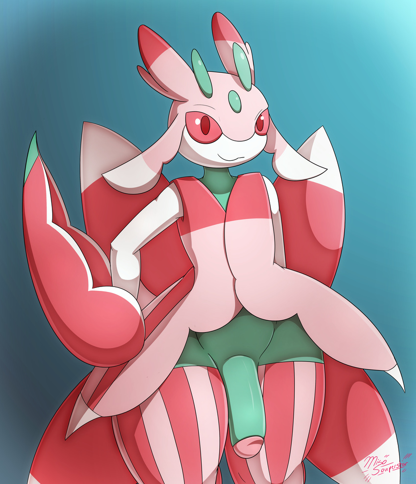 anthro blush digital_media_(artwork) flora_fauna green_body humanoid_penis looking_at_viewer lurantis male mammal miso_souperstar nintendo penis pink_body plant pok&eacute;mon presenting simple_background smile solo video_games