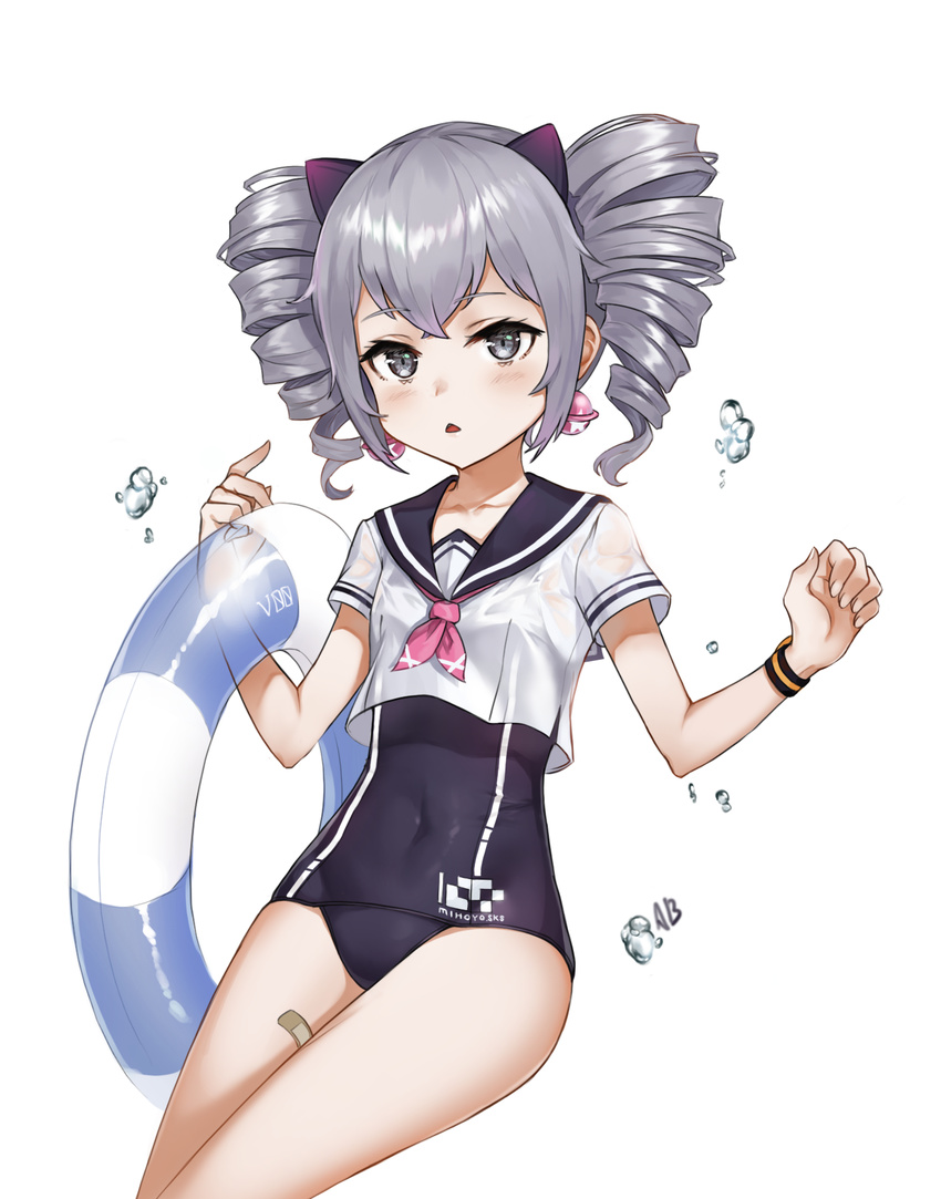 aliceblue bad_id bad_pixiv_id bad_revision bandaid bangs benghuai_xueyuan blush bronya_zaychik commentary_request covered_navel crop_top crossed_bangs downscaled_revision drill_hair earrings eyebrows_visible_through_hair grey_eyes grey_hair hands_up highres holding honkai_impact innertube jewelry long_hair one-piece_swimsuit open_mouth ringlets sailor_collar school_swimsuit short_sleeves sidelocks simple_background solo swimsuit swimsuit_under_clothes thighs triangle_mouth tsurime water_drop white_background