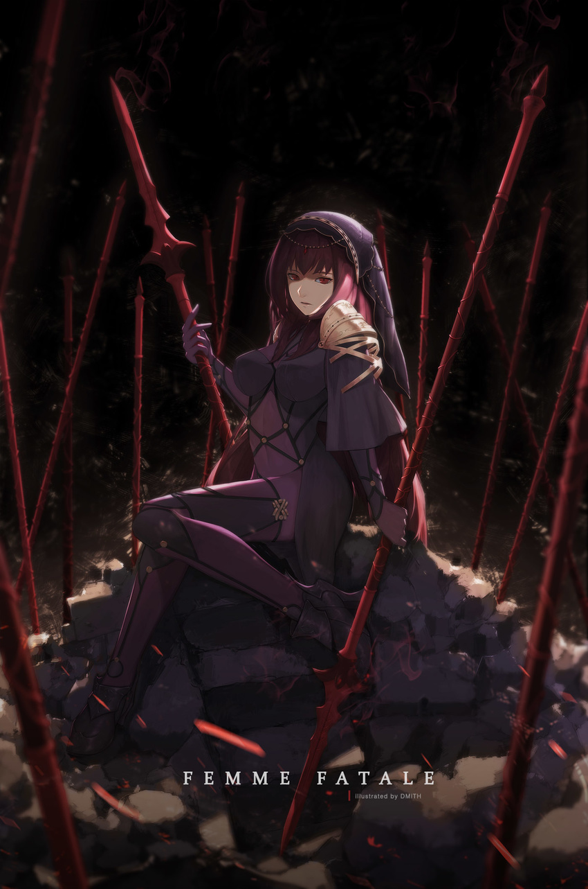 bagus_casbon capelet fate/grand_order fate_(series) full_body high_heels highres looking_at_viewer polearm purple_hair red_eyes scathach_(fate)_(all) scathach_(fate/grand_order) shoulder_armor sitting skin_tight solo spaulders spear veil weapon