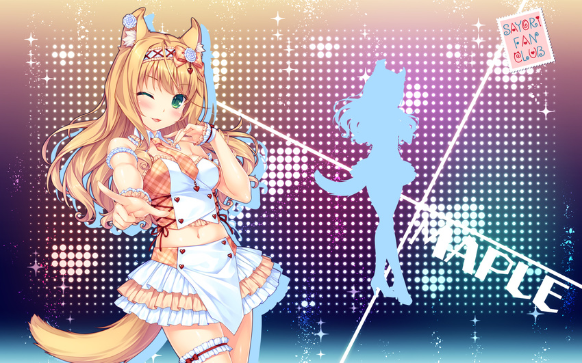;) animal_ears arm_garter artist_name bare_shoulders blonde_hair breasts cat_ears cat_tail character_name curly_hair detached_collar dress eyebrows_visible_through_hair fanbox_reward frills garters green_eyes hairband heart highres idol layered_dress long_hair looking_at_viewer maple_(sayori) medium_breasts midriff navel necktie nekopara official_art one_eye_closed paid_reward parted_lips plaid pointing pointing_at_viewer sayori shirt silhouette sleeveless sleeveless_shirt slit_pupils smile solo sparkle tail wallpaper wrist_cuffs