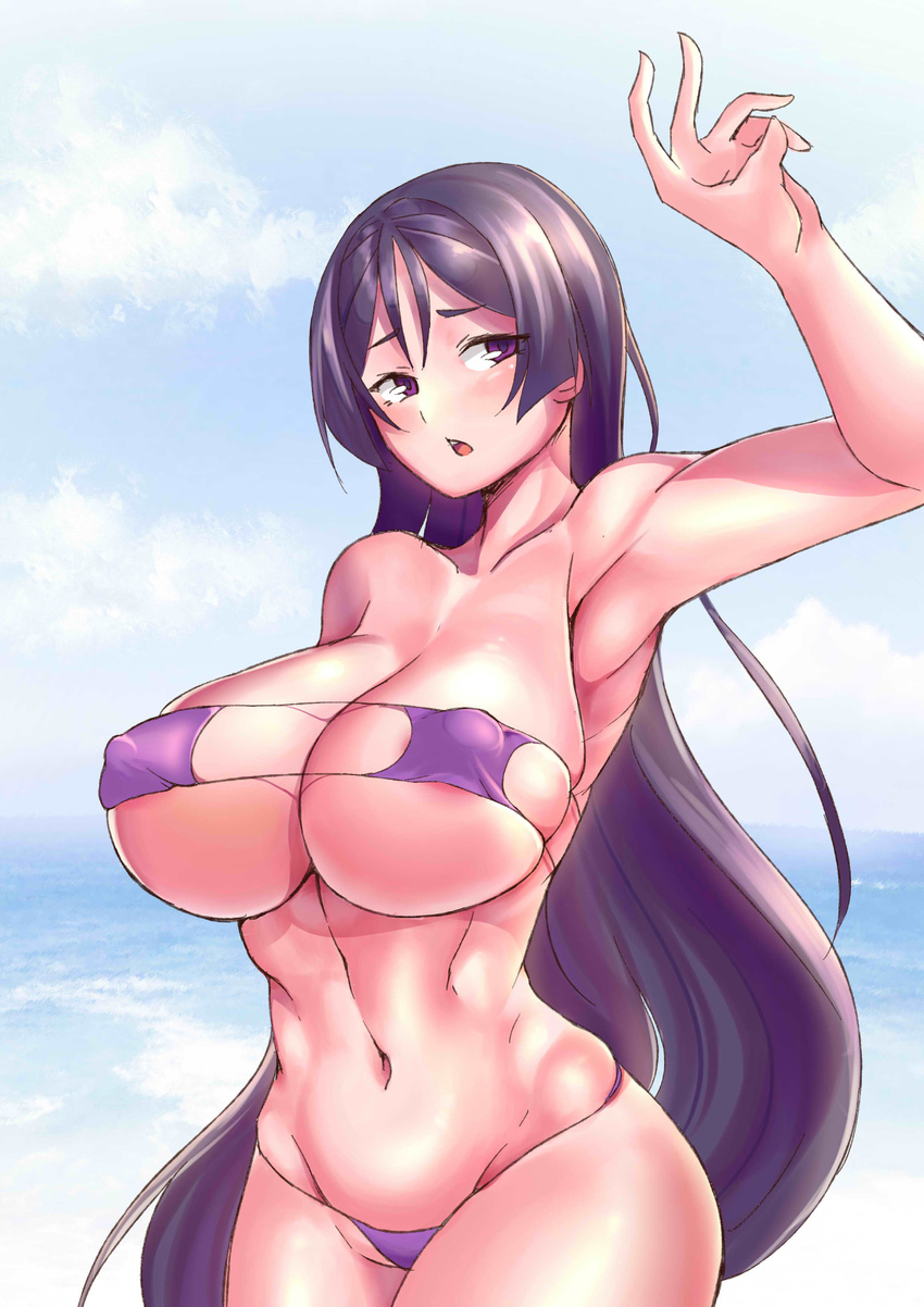 absurdres arm_up bangs bikini blue_sky blush breasts chestnut_mouth cleavage cloud collarbone cowboy_shot day eyepatch_bikini eyes_visible_through_hair fate/grand_order fate_(series) hair_between_eyes hand_up highres hips horizon large_breasts long_hair looking_to_the_side minamoto_no_raikou_(fate/grand_order) minamoto_no_raikou_(swimsuit_lancer)_(fate) navel ocean open_mouth parted_bangs puffy_nipples purple_bikini purple_eyes purple_hair shiny shiny_hair shiny_skin skindentation sky solo stomach swimsuit teeth thighs togin toned tongue very_long_hair water
