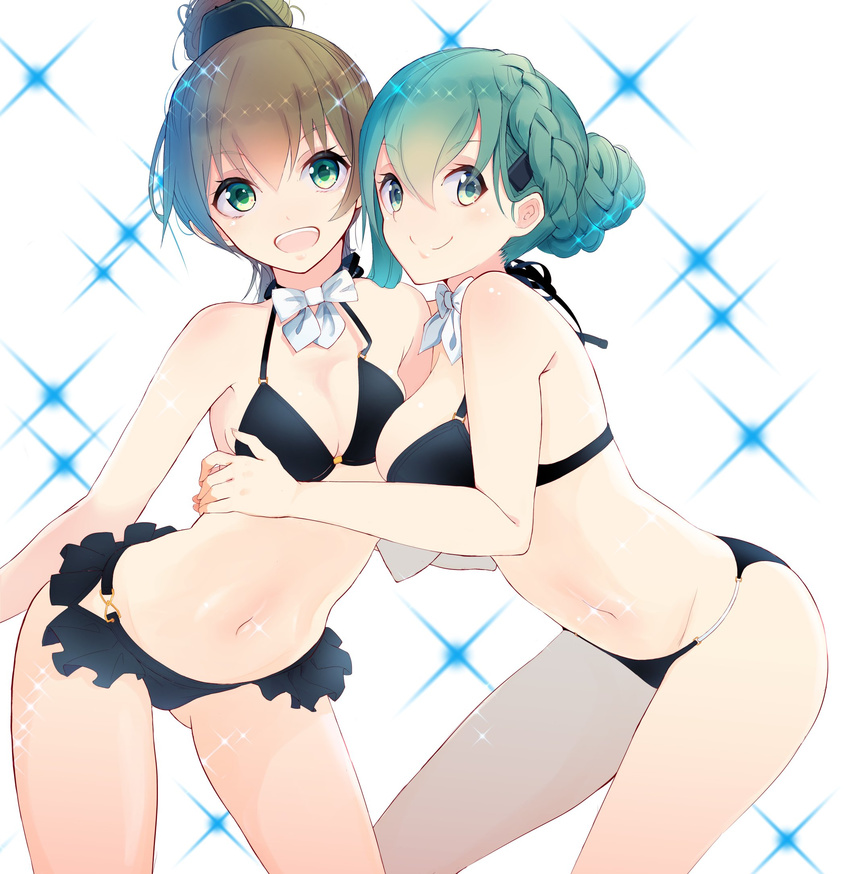 alternate_hairstyle aqua_eyes aqua_hair ass_visible_through_thighs bikini black_bikini bow bowtie braid breasts closed_mouth commentary_request detached_collar french_braid green_eyes hair_ornament hairclip highres hug kantai_collection kumano_(kantai_collection) large_breasts light_brown_hair looking_at_viewer medium_breasts multiple_girls navel open_mouth ponytail sparkle_background suzuya_(kantai_collection) swimsuit tebi_(tbd11) tied_hair white_background white_bow white_neckwear