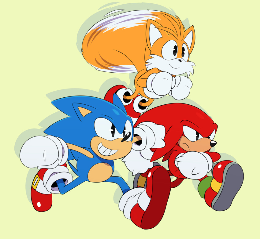 2017 anthro black_nose canine clothing echidna flying footwear fox gloves grin group hedgehog hi_res knuckles_the_echidna male mammal miles_prower monotreme shoes simple_background smile sonic_(series) sonic_the_hedgehog sssonic2