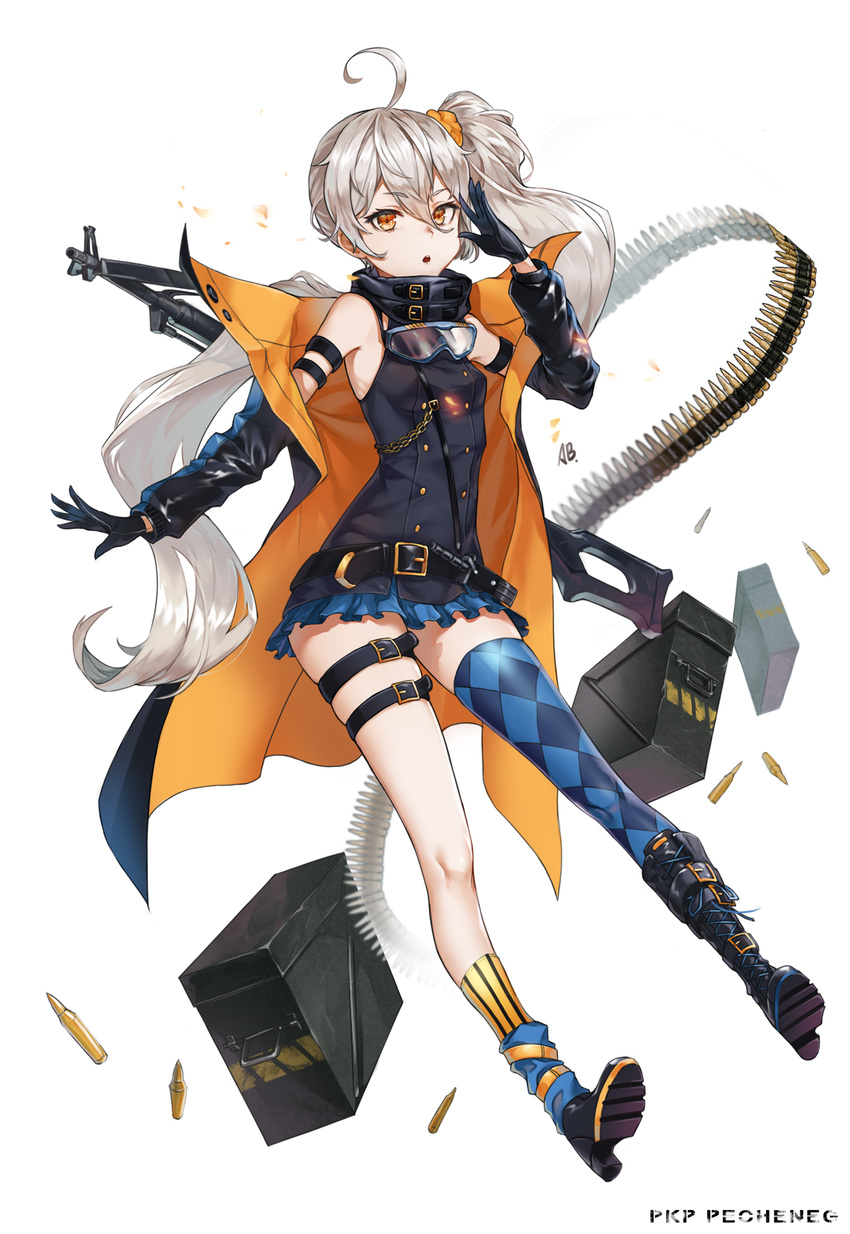 :o ahoge aliceblue ammo_box ammunition_belt argyle argyle_legwear bad_revision bangs belt black_dress black_footwear black_gloves black_legwear blue_legwear boots breasts bullet character_name commentary_request detached_sleeves downscaled_revision dress eyebrows_visible_through_hair frills full_body girls_frontline gloves gun hair_between_eyes hair_ornament hair_scrunchie highres kneehighs long_hair looking_at_viewer machine_gun md5_mismatch mismatched_footwear mismatched_legwear open_mouth orange_eyes orange_scrunchie pkp_(girls_frontline) pkp_pecheneg scrunchie short_dress side_ponytail silver_hair simple_background single_kneehigh single_thighhigh small_breasts solo thigh_strap thighhighs tsurime wavy_hair weapon white_background yellow_legwear