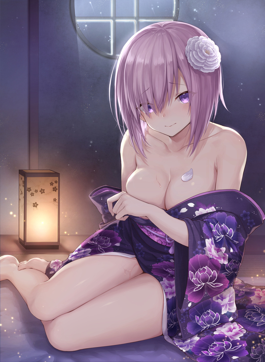 3: bangs bare_legs barefoot breasts closed_mouth collarbone commentary_request covering covering_one_breast eyebrows_visible_through_hair eyes_visible_through_hair fate/grand_order fate_(series) floral_print flower hair_flower hair_ornament hair_over_one_eye hand_up highres indoors japanese_clothes kimono lantern large_breasts looking_at_viewer mash_kyrielight mashu_003 night obi petals purple_eyes purple_hair purple_kimono sash sidelocks sitting solo thighs white_flower wide_sleeves window yokozuwari