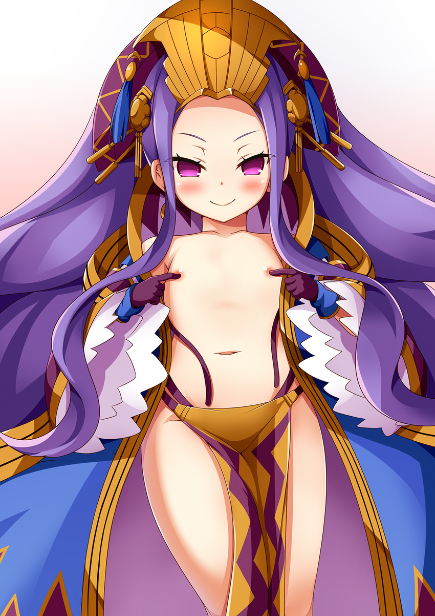 &gt;:) areolae blush chinese_clothes collarbone covering_nipples crown fate/grand_order fate_(series) flat_chest gloves hanfu headpiece highres long_hair long_sleeves looking_at_viewer morokoshi_(tekku) navel pelvic_curtain purple_eyes purple_gloves purple_hair ribbon shawl smile solo thighs v-shaped_eyebrows very_long_hair wide_sleeves wu_zetian_(fate/grand_order)
