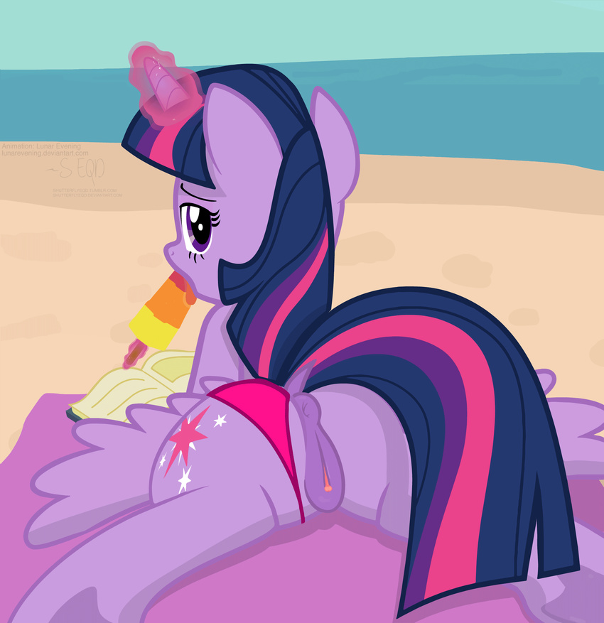 2017 animated anus beach bedroom_eyes book butt clitoral_winking clitoris clothing cutie_mark dock equine feathered_wings feathers female feral food friendship_is_magic hair half-closed_eyes horn licking looking_at_viewer looking_back magic mammal multicolored_hair my_little_pony outside panties panties_aside popsicle purple_eyes purple_feathers pussy seaside seductive shutterflyeqd sky solo spread_legs spreading tongue tongue_out twilight_sparkle_(mlp) underwear underwear_aside water winged_unicorn wings