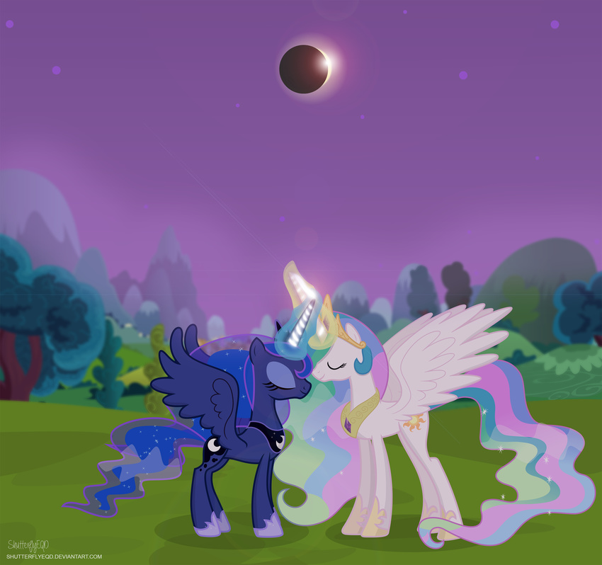 2017 blue_hair crown cutie_mark duo equine eyes_closed feathered_wings feathers female feral friendship_is_magic hair hi_res horn jewelry landscape magic mammal moon mountain multicolored_hair my_little_pony nature necklace outside princess_celestia_(mlp) princess_luna_(mlp) shutterflyeqd sky solar_eclipse tree white_feathers winged_unicorn wings