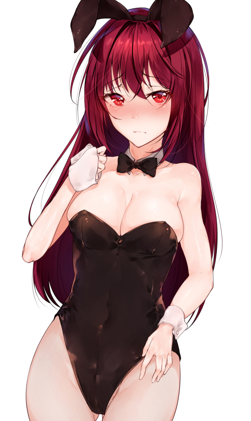 animal_ears ass_visible_through_thighs bad_id bad_pixiv_id bare_shoulders black_leotard blush bow bowtie breasts bunny_ears bunnysuit cleavage closed_mouth covered_navel cowboy_shot detached_collar eyebrows_visible_through_hair fake_animal_ears fate/grand_order fate_(series) fishnet_pantyhose fishnets hair_between_eyes hairband hand_on_own_chest highres hplay leotard long_hair looking_at_viewer medium_breasts pantyhose pantyhose_pull purple_hair red_eyes scathach_(fate)_(all) scathach_(fate/grand_order) simple_background solo wavy_mouth white_background wrist_cuffs