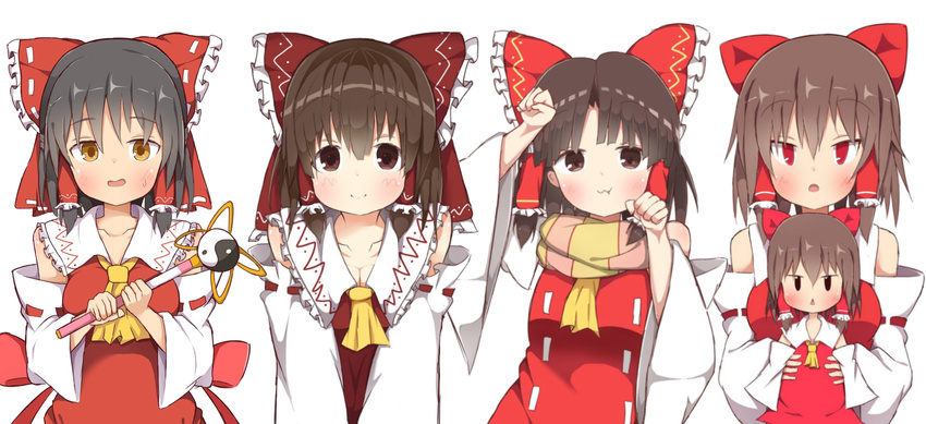 akabeco benikurage black_hair blush bow breasts brown_eyes brown_hair cleavage closed_mouth collarbone cookie_(touhou) eyebrows_visible_through_hair hair_bow hair_tubes hakurei_reimu highres kanna_(cookie) large_breasts looking_at_viewer multiple_girls parted_lips paw_pose red_bow red_eyes reu sakenomi_(cookie) sananana short_hair smile touhou triangle_mouth wand yin_yang