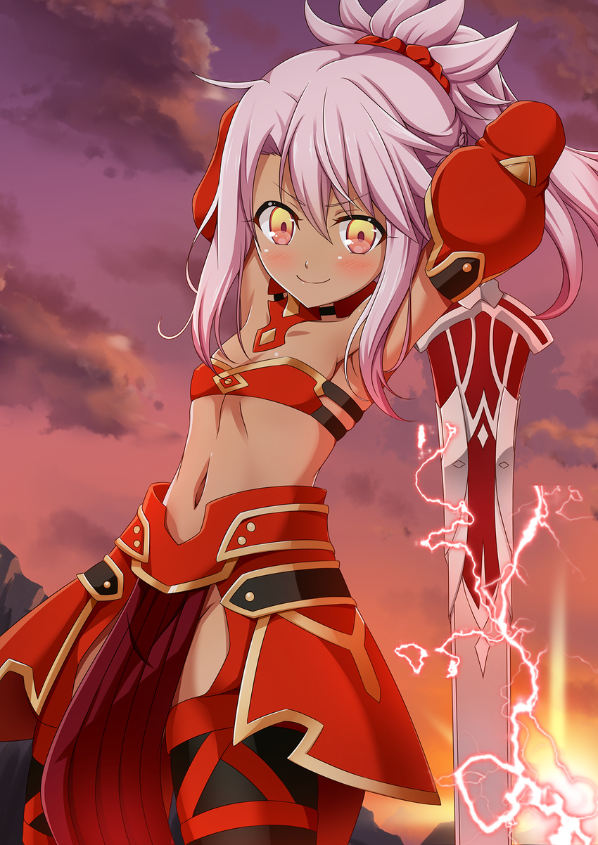 &gt;:) armpits arms_behind_head bandeau blush braid breasts chloe_von_einzbern cloud cosplay cowboy_shot dark_skin dark_sky detached_sleeves electricity fate/apocrypha fate/kaleid_liner_prisma_illya fate_(series) faulds hair_between_eyes hair_ornament hair_scrunchie highres long_hair looking_at_viewer midriff mordred_(fate) mordred_(fate)_(all) mordred_(fate)_(cosplay) morokoshi_(tekku) navel no_panties pelvic_curtain pink_hair ponytail red_scrunchie scrunchie small_breasts smile solo sword v-shaped_eyebrows weapon yellow_eyes