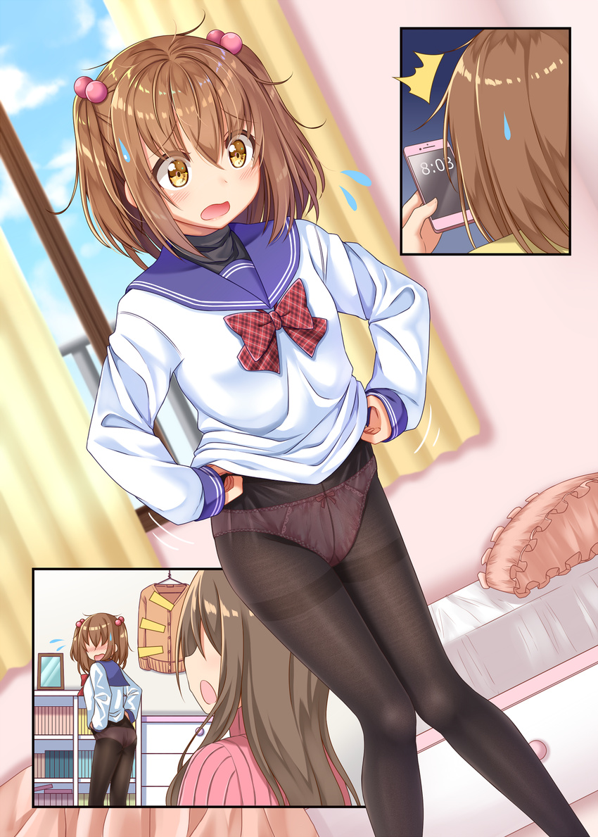 ashida_machi ass bangs bed bedroom black_legwear blush bow bow_panties brown_eyes brown_hair caught cellphone comic commentary curtains dressing gurande_(g-size) gusset hair_bobbles hair_ornament highres holding holding_phone indoors late_for_school long_hair long_sleeves looking_back messy_hair multiple_girls no_pants open_mouth original panties panties_under_pantyhose pantyhose phone pink_panties school_uniform serafuku short_hair smartphone standing sweatdrop thighband_pantyhose two_side_up underwear window