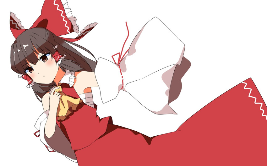 :/ armpits bare_shoulders blouse blush bow brown_eyes brown_hair closed_mouth commentary_request detached_sleeves dutch_angle expressionless hair_bow hair_tubes hakurei_reimu large_bow long_hair long_skirt sarashi skirt skirt_set solo touhou wide_sleeves yellow_neckwear yururi_nano