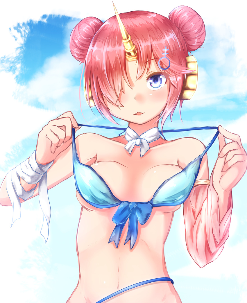 absurdres bad_revision bandaged_arm bandages baram bare_shoulders bikini bikini_pull blue_bikini blue_eyes blush breasts double_bun downscaled_revision fate/apocrypha fate/grand_order fate_(series) frankenstein's_monster_(fate) frankenstein's_monster_(swimsuit_saber)_(fate) front-tie_bikini front-tie_top hair_ornament hair_over_one_eye hairclip highres horn looking_at_viewer md5_mismatch medium_breasts pink_hair pulled_by_self short_hair solo swimsuit upper_body