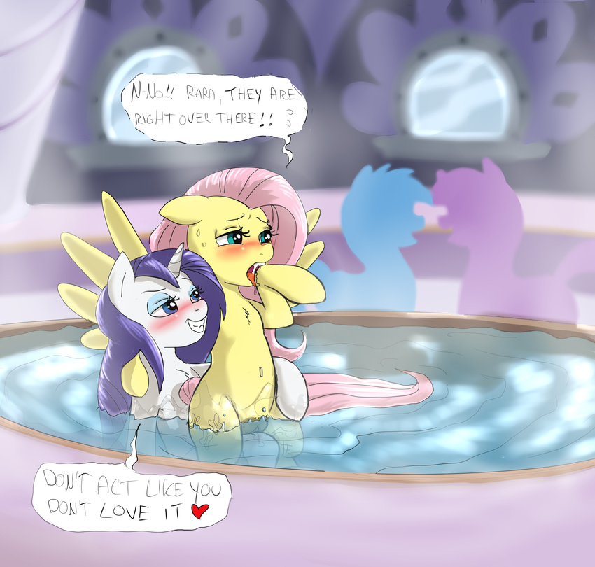 &lt;3 2017 blue_eyes blush cradeelcin cutie_mark dialogue english_text equine eyeshadow female female/female fluttershy_(mlp) friendship_is_magic grin hair half-closed_eyes hi_res hooves horn long_hair makeup mammal my_little_pony open_mouth partially_submerged pegasus pink_hair pussy rarity_(mlp) smile text unicorn water wings