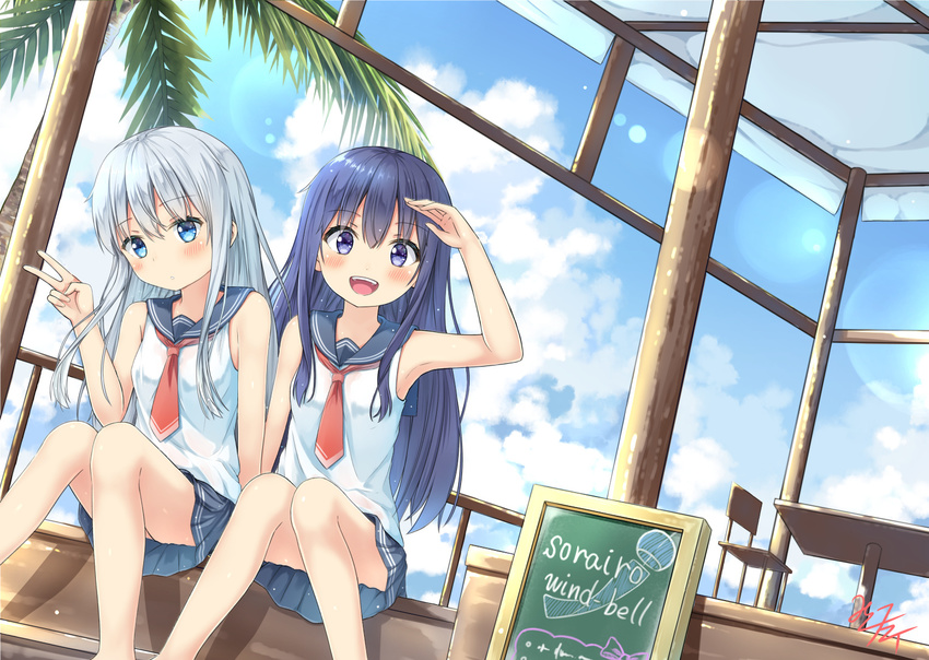 :d adapted_costume akatsuki_(kantai_collection) bare_arms bare_legs bare_shoulders black_sailor_collar black_skirt blue_hair blush cloud cloudy_sky day hibiki_(kantai_collection) kantai_collection long_hair looking_at_viewer miko_fly multiple_girls necktie no_hat no_headwear open_mouth pleated_skirt purple_eyes purple_hair red_neckwear sailor_collar school_uniform serafuku silver_hair sitting skirt sky sleeveless smile v