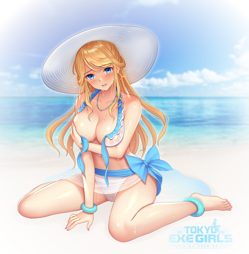 anklet arm_support bare_shoulders beach bikini blonde_hair blue_eyes blue_sky blurry blush bracelet breasts cloud collarbone commentary_request covering covering_breasts day depth_of_field front-tie_top full_body halter_top halterneck hat highres jewelry large_breasts long_hair looking_at_viewer necklace outdoors parted_lips shimashima08123 sidelocks sitting sky solo sun_hat swimsuit tokyo_exe_girls untied wardrobe_malfunction wariza wet white_bikini