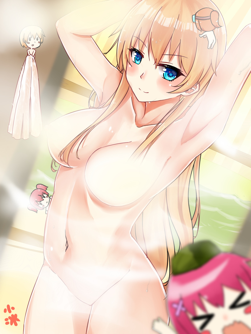 &gt;_&lt; absurdres armpits arms_up bangs bath blonde_hair blue_eyes blush breasts censored closed_eyes closed_mouth collarbone convenient_censoring enterprise_(zhan_jian_shao_nyu) fairy hair_between_eyes hair_ornament hat highres holding holding_towel large_breasts long_hair looking_at_viewer multiple_girls navel nude open_mouth pink_hair short_hair smile steam steam_censor towel twintails very_long_hair water wet x_hair_ornament xiao_bing_qiaokeli zhan_jian_shao_nyu