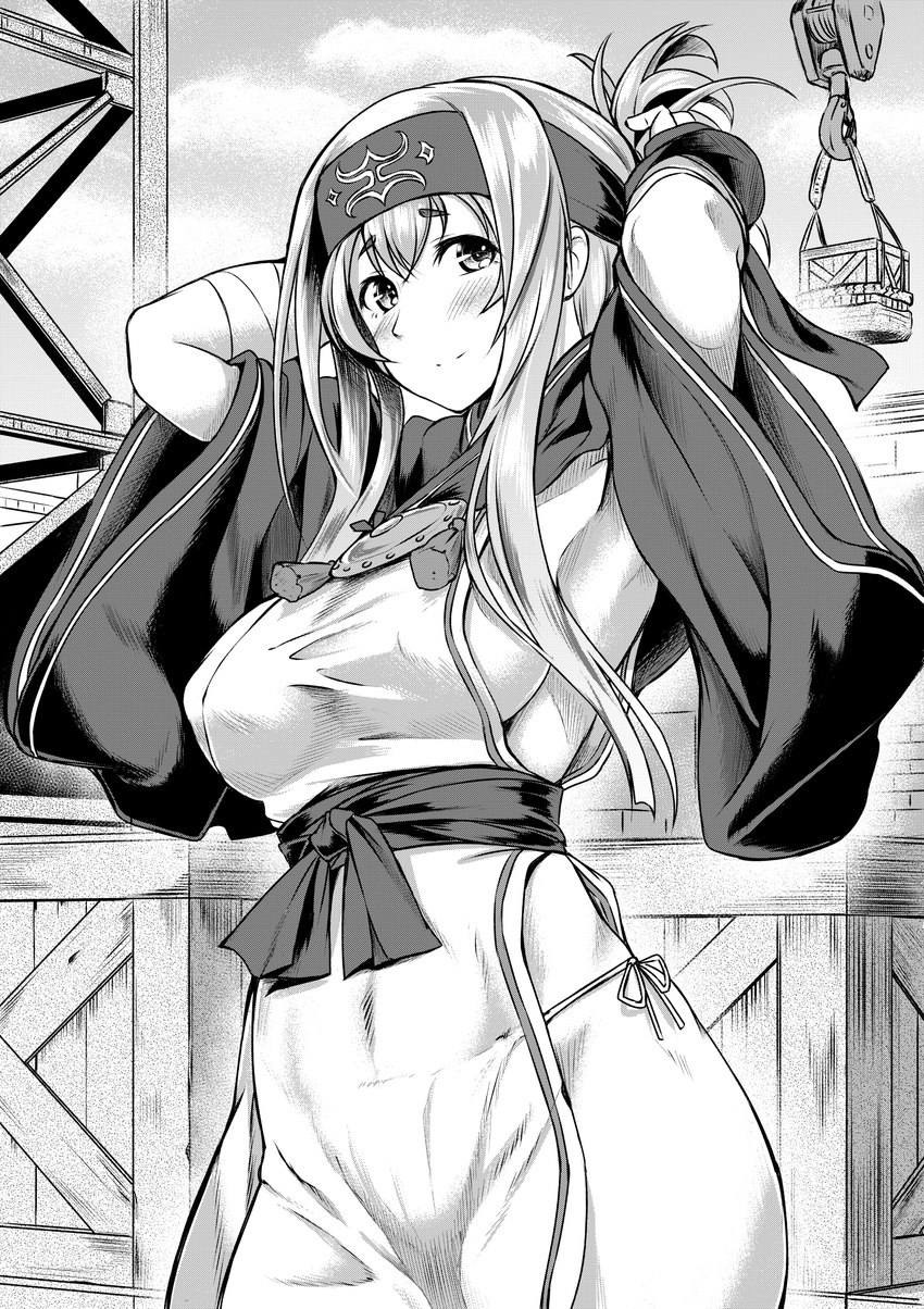 ainu_clothes arms_behind_head bandana box breasts cowboy_shot crane cropped_jacket folded_ponytail greyscale headband highres kamoi_(kantai_collection) kantai_collection kawajuu large_breasts long_hair long_sleeves looking_at_viewer monochrome panties sash side-tie_panties sideboob sidelocks solo thick_eyebrows thighhighs underwear wrist_guards