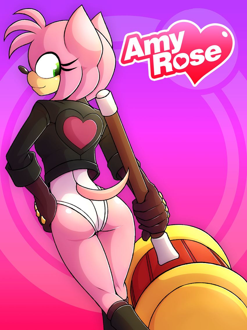 2017 absurd_res anthro black_nose clothed clothing female gloves green_eyes hair hedgehog hi_res holding_object holding_weapon jacket mammal marik_azemus34 melee_weapon piko_piko_hammer pink_hair short_hair smile solo weapon