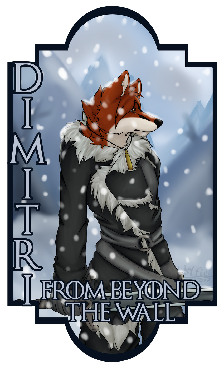 2017 anthro badge black_nose bluwolfie42 canine clothed clothing detailed_background digital_drawing_(artwork) digital_media_(artwork) fox free_folk fur game_of_thrones hair holding_object holding_weapon invalid_tag knight male mammal melee_weapon mountain muscular outside sky snow standing sword weapon wildling winter