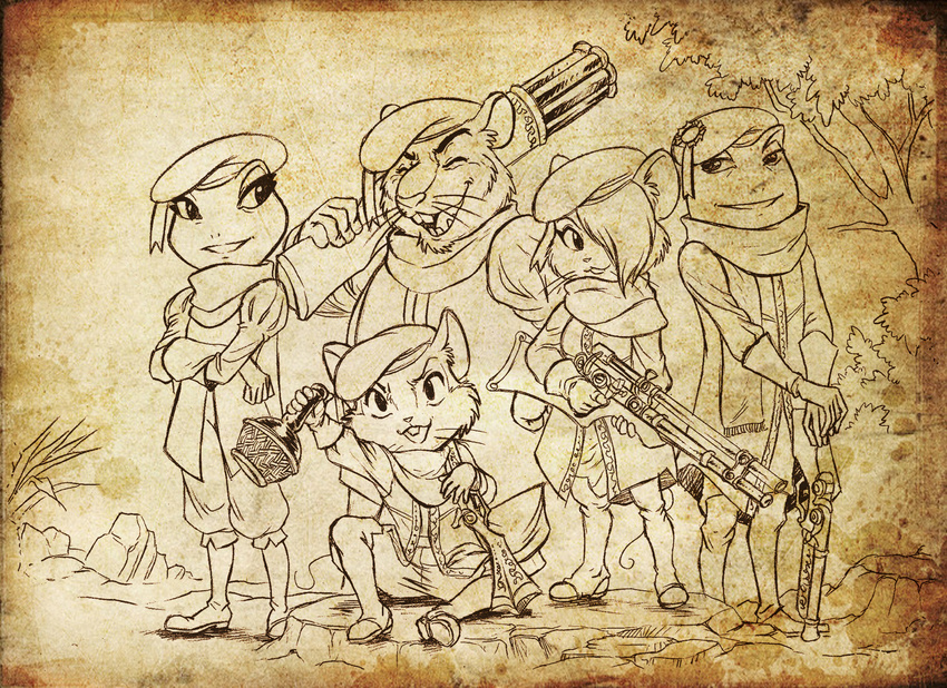 amphibian anthro beret bottle chochi clothed clothing female frog gloves group gun hat male mammal monochrome mouse open_mouth ranged_weapon rifle rodent scarf sepia smile toad tree weapon