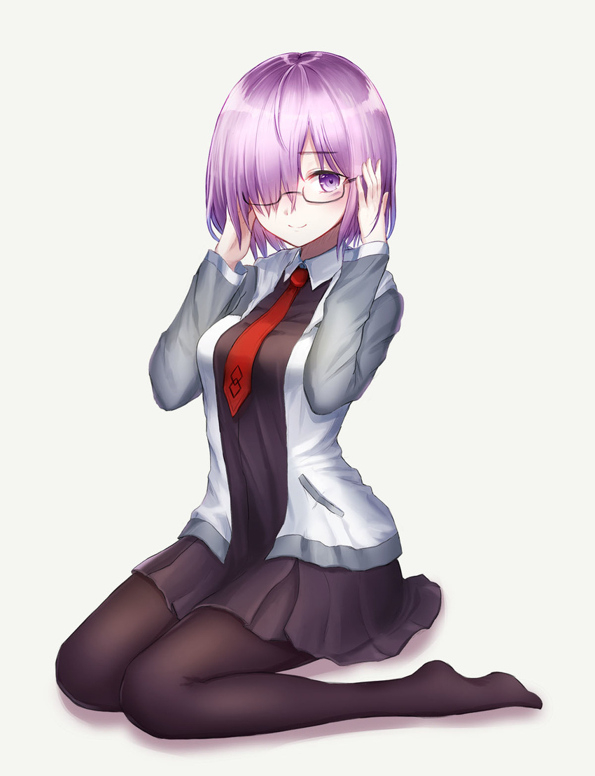 bad_id bad_pixiv_id black_legwear black_skirt blush breasts closed_mouth eyebrows_visible_through_hair fate/grand_order fate_(series) glasses hair_over_one_eye highres large_breasts looking_at_viewer mash_kyrielight necktie pantyhose purple_eyes purple_hair red_neckwear seungju_lee short_hair sitting skirt smile solo wariza