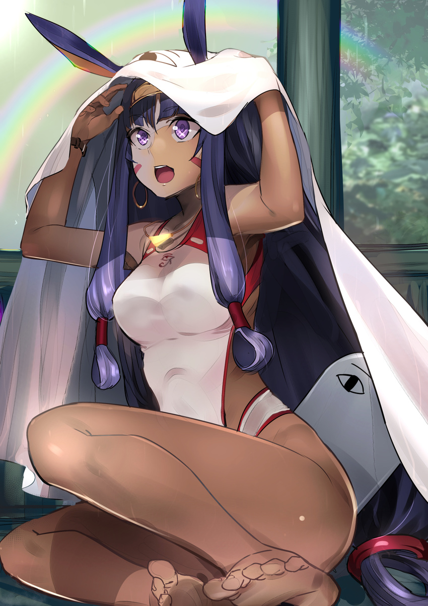 :d akechi_shizuku animal_ears bangs bare_legs bare_shoulders barefoot bed_sheet breasts collarbone commentary_request competition_swimsuit dark_skin earrings eyebrows_visible_through_hair facial_mark fate/grand_order fate_(series) feet hair_between_eyes hair_rings hair_tubes hairband highres hoop_earrings jackal_ears jewelry kickboard legs long_hair looking_away low-tied_long_hair medium_breasts necklace nitocris_(fate/grand_order) nitocris_(swimsuit_assassin)_(fate) one-piece_swimsuit open_mouth pendant purple_eyes purple_hair rain rainbow sidelocks sitting smile soles solo swimsuit toenails toes tree very_long_hair white_swimsuit yellow_hairband
