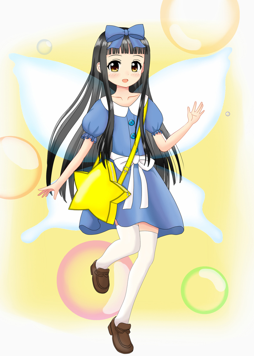 :d bag bangs black_hair blue_bow blue_dress blunt_bangs blush bow brown_footwear bubble buttons casual collarbone commentary_request dress fairy fairy_wings frilled_sleeves frills full_body hair_bow highres loafers long_hair looking_at_viewer open_mouth p.w. puffy_short_sleeves puffy_sleeves ribbon shoes short_sleeves shoulder_bag sidelocks smile solo standing standing_on_one_leg star star_sapphire tareme thighhighs tiptoes touhou very_long_hair white_bow white_legwear white_ribbon wings yellow_eyes