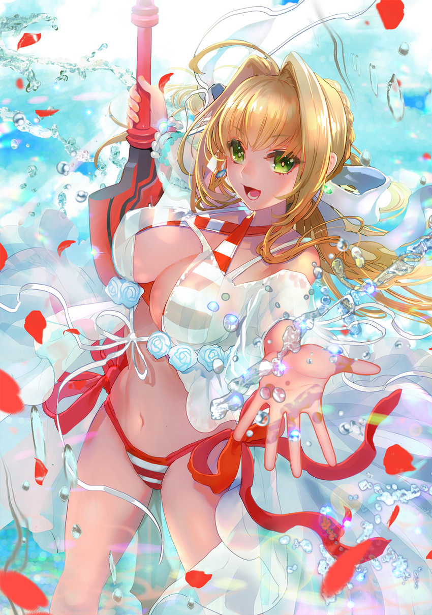 :d aestus_estus ahoge babydoll bangs bikini blonde_hair bracelet breasts earrings eyebrows_visible_through_hair fate/grand_order fate_(series) green_eyes hair_intakes halterneck highres jewelry large_breasts long_hair looking_at_viewer md5_mismatch navel nero_claudius_(fate)_(all) nero_claudius_(swimsuit_caster)_(fate) open_mouth outstretched_arms shutsuri side-tie_bikini smile solo striped striped_bikini swimsuit sword twintails water water_drop weapon