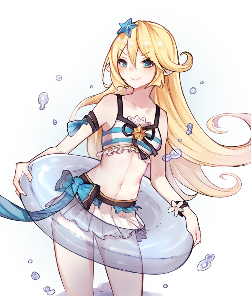 &gt;:) blonde_hair blue_eyes blue_innertube blush charlotta_fenia closed_mouth collarbone commentary cowboy_shot eyebrows_visible_through_hair flower frilled_swimsuit frills granblue_fantasy hair_between_eyes hair_ornament highres humanization innertube leaning_to_the_side long_hair looking_to_the_side navel pointy_ears smile solo standing star star_hair_ornament swimsuit tankini v-shaped_eyebrows water_drop white_background xoaiu
