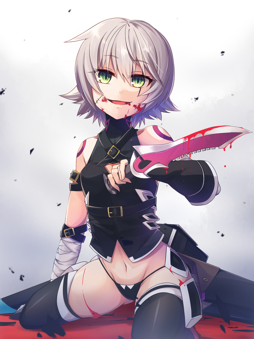 :d arm_belt bandaged_arm bandages bangs bare_shoulders belt belt_buckle black_belt black_gloves black_legwear black_panties black_shirt blood blood_on_face bloody_weapon buckle collarbone commentary_request dagger dripping eyebrows_visible_through_hair facial_scar fate/apocrypha fate_(series) fingerless_gloves flipped_hair gloves green_eyes groin hair_between_eyes halter_top halterneck head_tilt highres hinata_(uzukitten) holding holding_dagger holding_knife holding_weapon jack_the_ripper_(fate/apocrypha) knife looking_at_viewer navel open_mouth panties reverse_grip scabbard scar scar_across_eye scar_on_cheek sheath sheathed shirt short_hair silver_hair single_glove sitting sleeveless sleeveless_shirt smile solo thighhighs turtleneck underwear unsheathed weapon