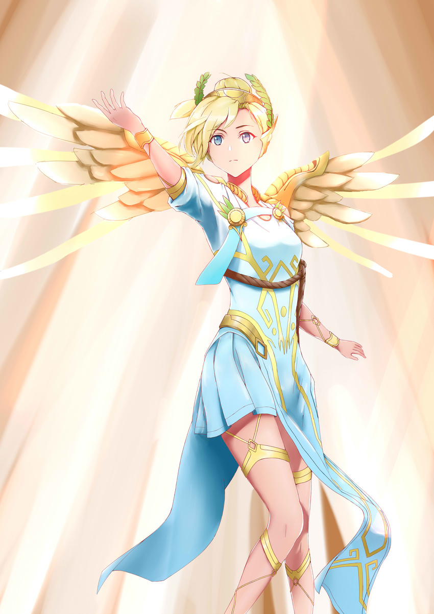 1u2d absurdres alternate_costume arm_up bad_anatomy blonde_hair blue_eyes breasts brown_background dress eyebrows_visible_through_hair facing_viewer feet_out_of_frame glowing glowing_wings head_wreath high_ponytail highres knees_together_feet_apart laurel_crown light_rays looking_up mechanical_wings mercy_(overwatch) overwatch pelvic_curtain pleated_dress short_hair short_sleeves small_breasts solo spread_wings standing sunlight toga white_dress winged_victory_mercy wings yellow_wings