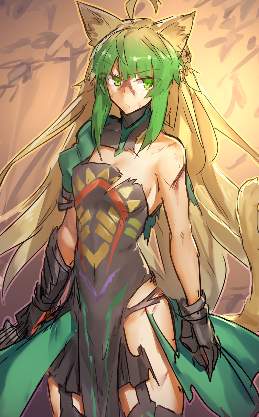 animal_ears atalanta_(fate) bare_shoulders blonde_hair breasts cat_ears cat_tail fate/apocrypha fate_(series) gauntlets green_eyes green_hair highres injury long_hair melon22 multicolored_hair small_breasts solo tail two-tone_hair