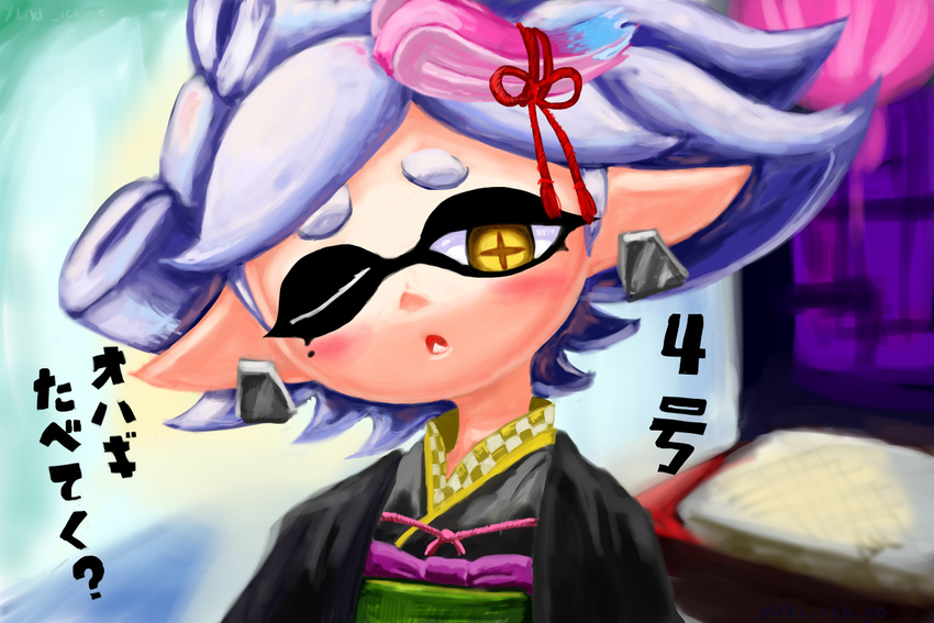 +_+ 1girl :o artist_name domino_mask earrings eyebrows grey_hair hair_ornament hotaru_(splatoon) japanese_clothes japanese_text jewelry kimono looking_at_viewer mask mole mole_under_eye pointy_ears ribbon short_eyebrows short_hair solo splatoon splatoon_2 symbol-shaped_pupils tentacle_hair tied_hair translation_request upper_body white_hair wink yellow_eyes yuki-ichigo