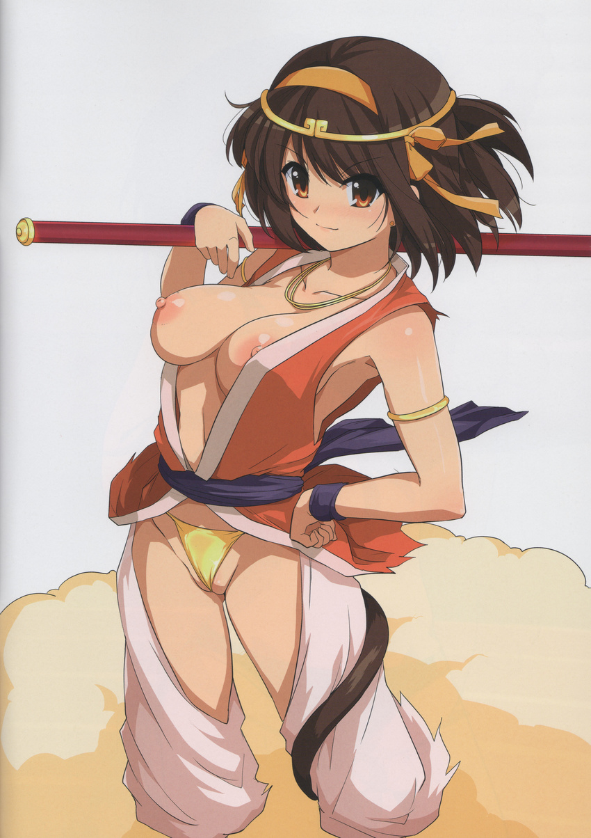 absurdres areolae armlet breasts brown_eyes brown_hair cleavage cloud collarbone cosplay hairband haruhisky highres jewelry journey_to_the_west large_areolae medium_breasts monkey_tail necklace nipples open_pants orange_hairband panties sash scan short_hair smile staff sun_wukong sun_wukong_(cosplay) suzumiya_haruhi suzumiya_haruhi_no_yuuutsu tail tiara underwear vest