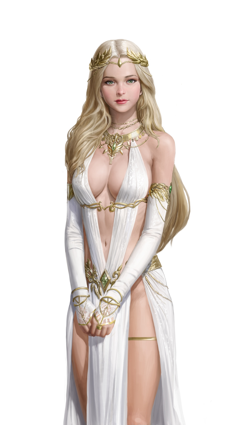 absurdres amulet bare_shoulders belt blonde_hair breasts chain closed_mouth cowboy_shot dress elbow_gloves fingerless_gloves gloves gold_chain green_eyes highres jewelry laurel_crown long_hair looking_at_viewer medium_breasts navel nornear ring simple_background solo standing thighlet white_dress white_gloves yongwon_park