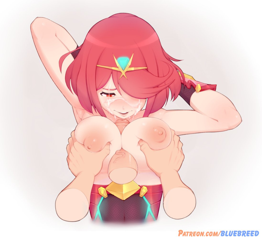 1girl armpits arms_behind_head arms_up artist_name bluebreed blush breast_squeeze breasts covered_navel cum disembodied_limb disembodied_penis facial gloves hair_over_one_eye hetero homura_(xenoblade_2) large_breasts nipples open_mouth paizuri patreon_logo penis pov red_eyes red_hair short_hair sidelocks smile solo_focus tiara upper_body xenoblade_(series) xenoblade_2