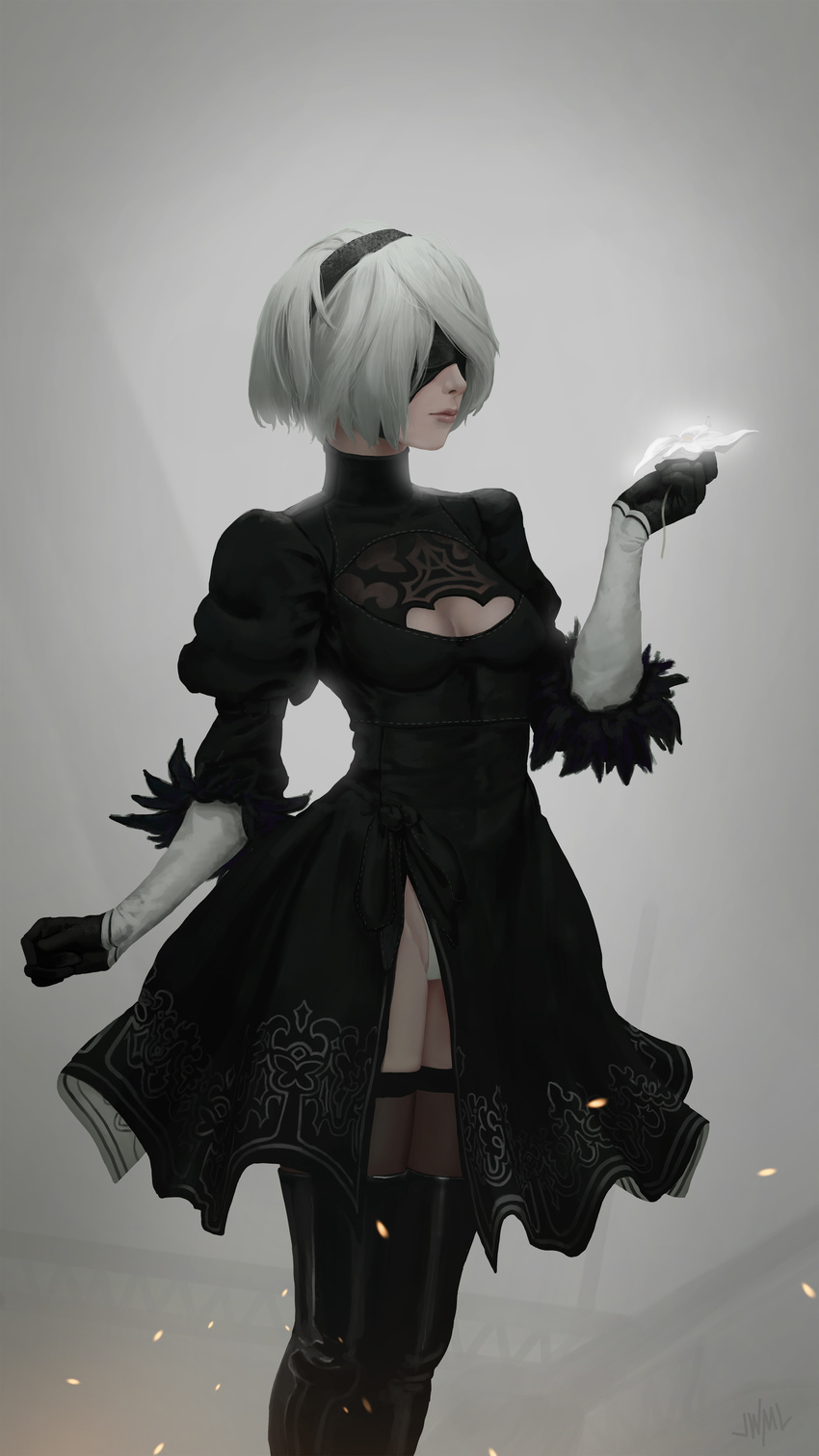 absurdres black_blindfold black_footwear black_gloves black_legwear blindfold boots breasts cleavage cleavage_cutout gloves hairband highres justin_leyva_(steamy_tomato) looking_away medium_breasts nier_(series) nier_automata panties short_hair solo thigh_boots thighhighs underwear white_hair white_panties yorha_no._2_type_b