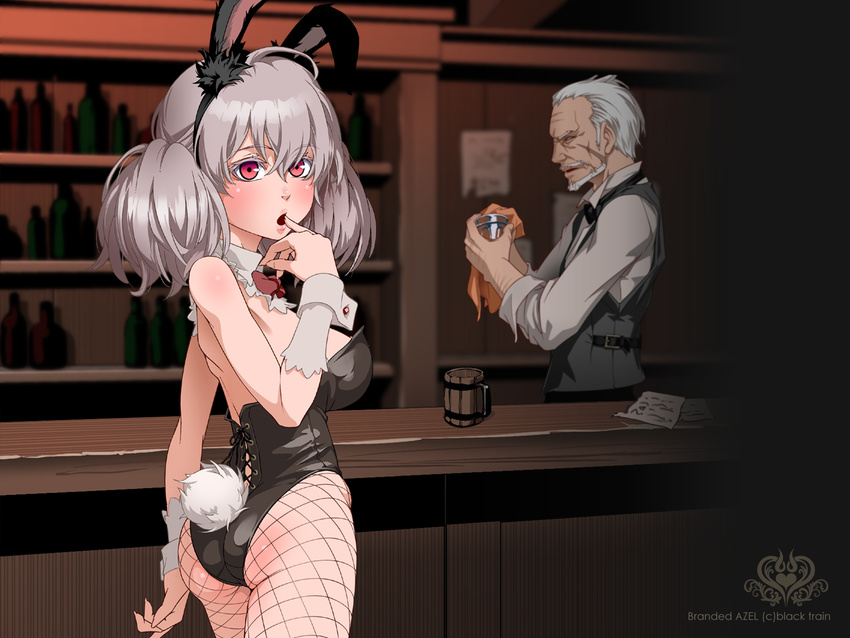 1girl animal_ears ass bartender black_leotard bow bowtie bunny_ears bunny_tail bunnysuit detached_collar finger_to_mouth fishnet_pantyhose fishnets highres kuro_taketo leotard looking_at_viewer old_man original pantyhose red_bow red_eyes red_neckwear short_hair silver_hair strapless strapless_leotard tail twintails wrist_cuffs