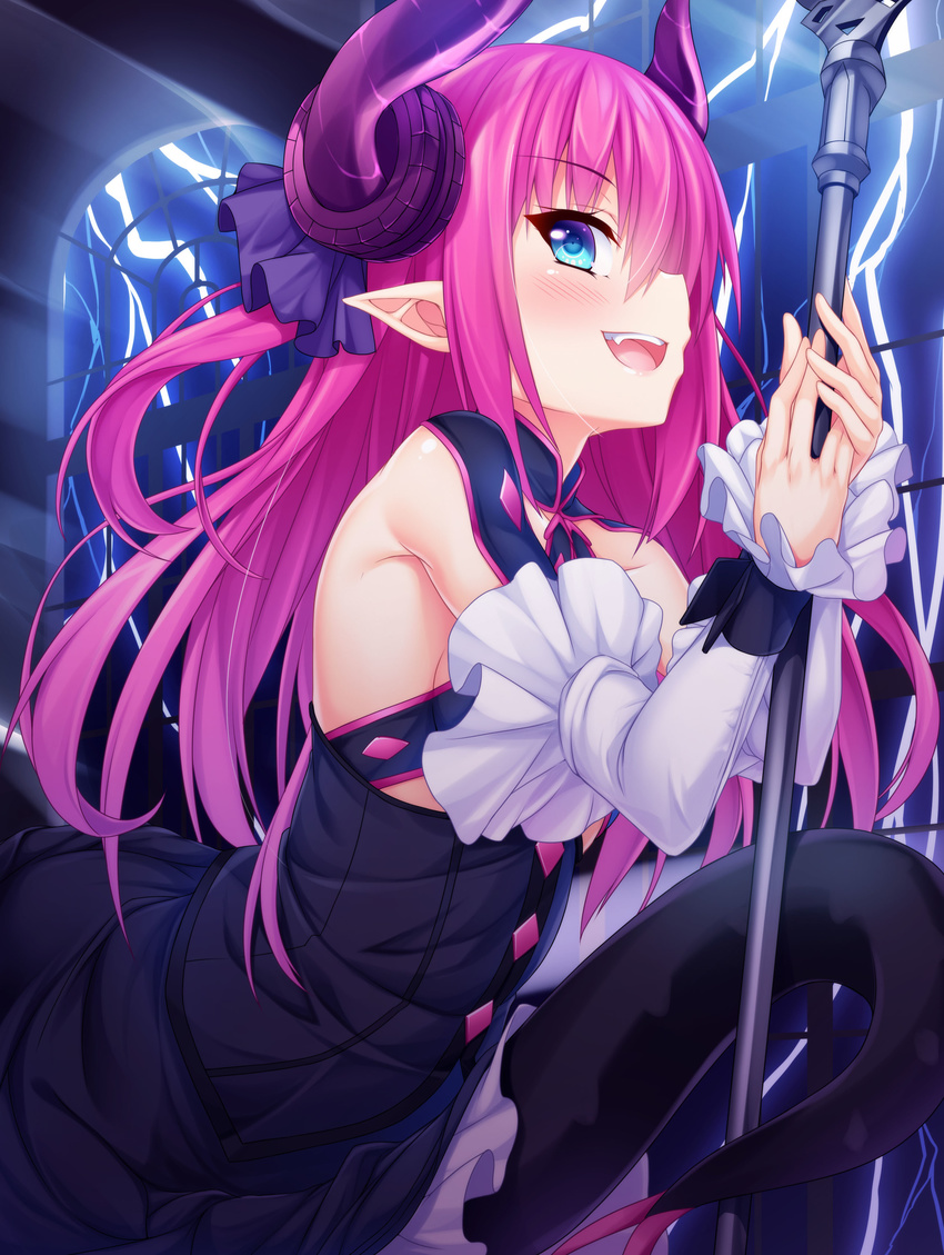 :d absurdres bangs between_legs black_dress blue_eyes blush breasts collarbone commentary_request curled_horns detached_sleeves dragon_tail dress elizabeth_bathory_(fate) elizabeth_bathory_(fate)_(all) eyebrows eyebrows_visible_through_hair fang fate/extra fate/extra_ccc fate_(series) hair_between_eyes hair_ribbon highres holding holding_spear holding_weapon horns idol lance lightning long_hair looking_at_viewer open_mouth pink_hair pink_lips pointy_ears polearm profile purple_ribbon ribbon sidelocks sideways_mouth small_breasts smile solo spear tail tail_between_legs teeth two_side_up upper_teeth wakagi_repa weapon wristband