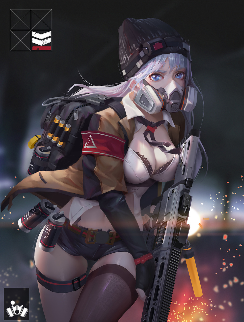backpack bag black_gloves blue_eyes breasts chen_hg cleavage fingerless_gloves gas_mask gloves gun highres holding holding_gun holding_weapon large_breasts long_hair looking_at_viewer navel original silver_hair solo weapon