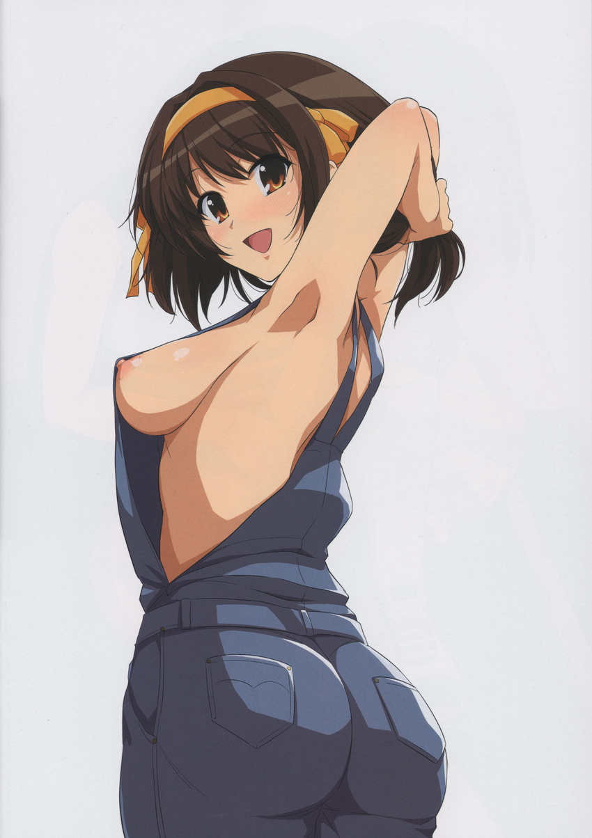 :d absurdres armpits arms_up ass bangs breasts brown_eyes brown_hair hairband haruhisky highres holding holding_hair large_breasts looking_at_viewer naked_overalls nipple_slip nipples open_mouth orange_hairband overalls scan short_hair smile solo suzumiya_haruhi suzumiya_haruhi_no_yuuutsu white_background