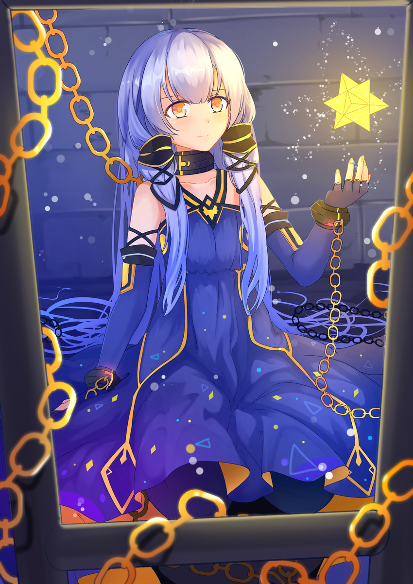 absurdres black_gloves blue_hair blush closed_mouth eyebrows_visible_through_hair fingerless_gloves gloves highres long_hair looking_away menghuan_tian smile solo stellated_octahedron voiceroid xingchen yellow_eyes