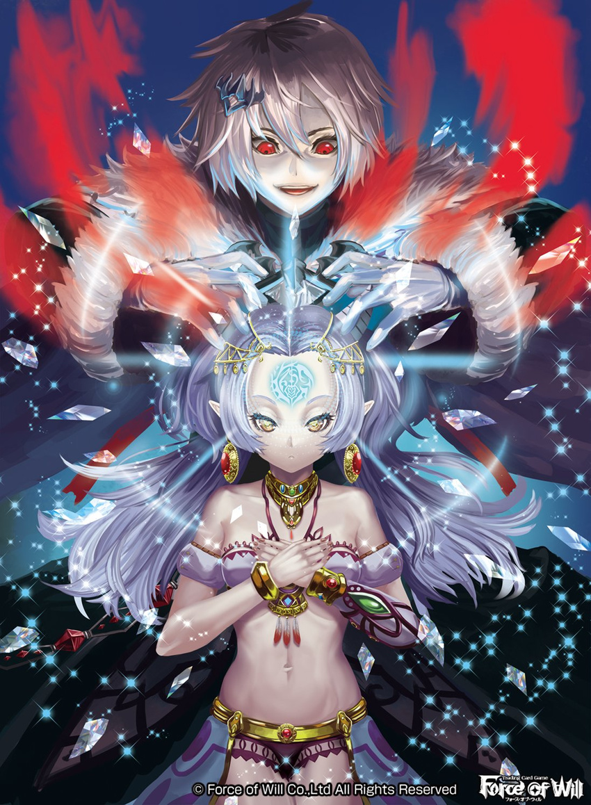 1girl bare_shoulders blue_hair copyright_name crystal facial_mark flute_(force_of_will) force_of_will forehead_mark fur_trim gill_lapis_(force_of_will) gloves hair_ornament highres jewelry ko-ran long_hair midriff navel necklace official_art pointy_ears red_eyes sparkle twintails white_hair yellow_eyes