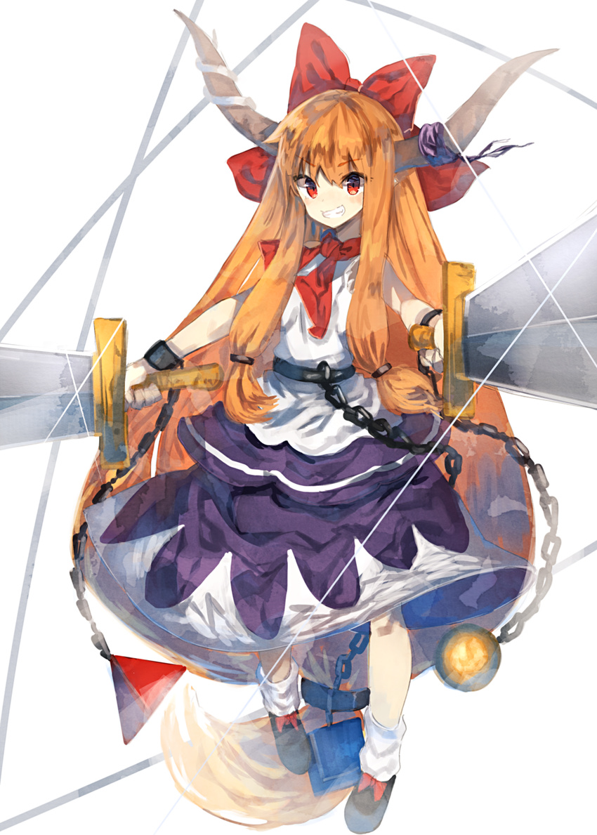 :d absurdly_long_hair bangs black_footwear bow chain commentary_request cube dual_wielding eyebrows_visible_through_hair full_body grin hair_bow highres holding holding_weapon horn_ribbon horns ibuki_suika kasuka_(kusuki) long_hair looking_at_viewer low-tied_long_hair open_mouth orange_hair purple_ribbon purple_skirt pyramid red_bow red_eyes ribbon shirt shoes sidelocks skirt sleeveless sleeveless_shirt smile socks solo sphere standing sword teeth touhou two-tone_background very_long_hair weapon white_legwear white_shirt wrist_cuffs